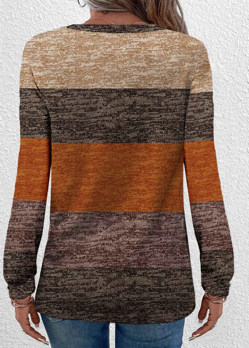 Dark Camel Button Striped Long Sleeve T Shirt