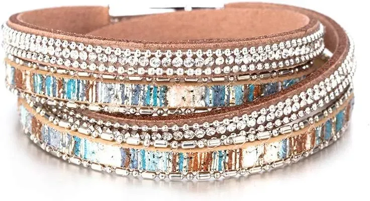 Fesciory Leather Wrap Bracelets for Women, Boho Leopard Multi-Layer Crystal Beads Cuff Bracelet Jewelry