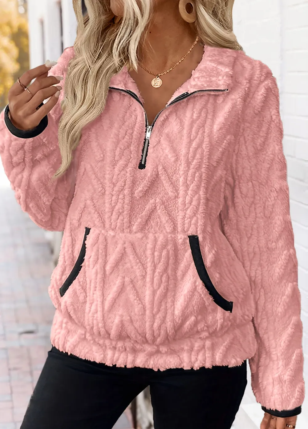 Pink Tummy Coverage Long Sleeve Turn Down Collar Sweatshirt