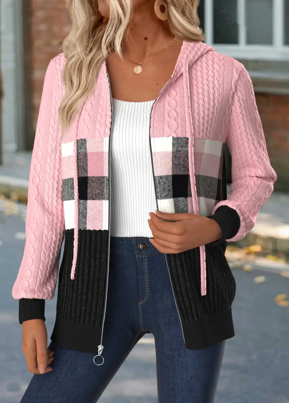 Light Pink Tummy Coverage Plaid Long Sleeve Hooded Coat