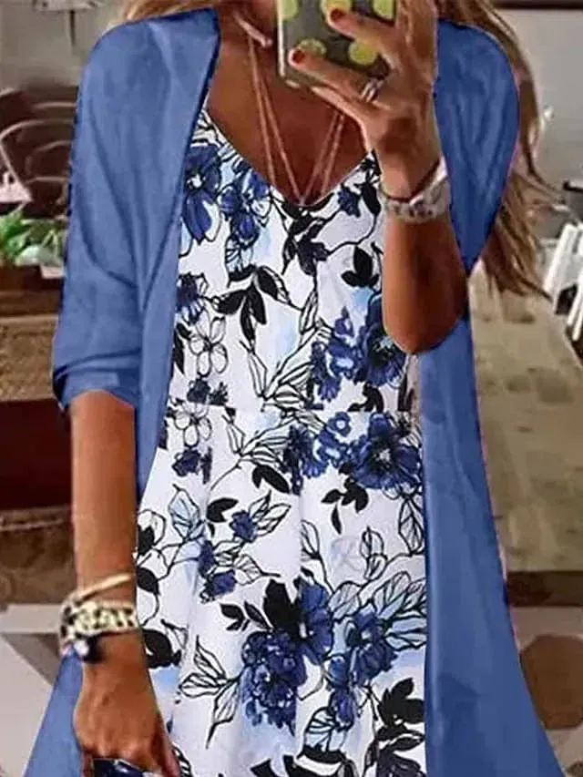 Women's Two Piece Dress Set Casual Dress Dress Set Outdoor Daily Fashion Casual Print Maxi Dress V Neck Half Sleeve Leaf Floral Regular Fit Blue Summer Spring S M L XL XXL