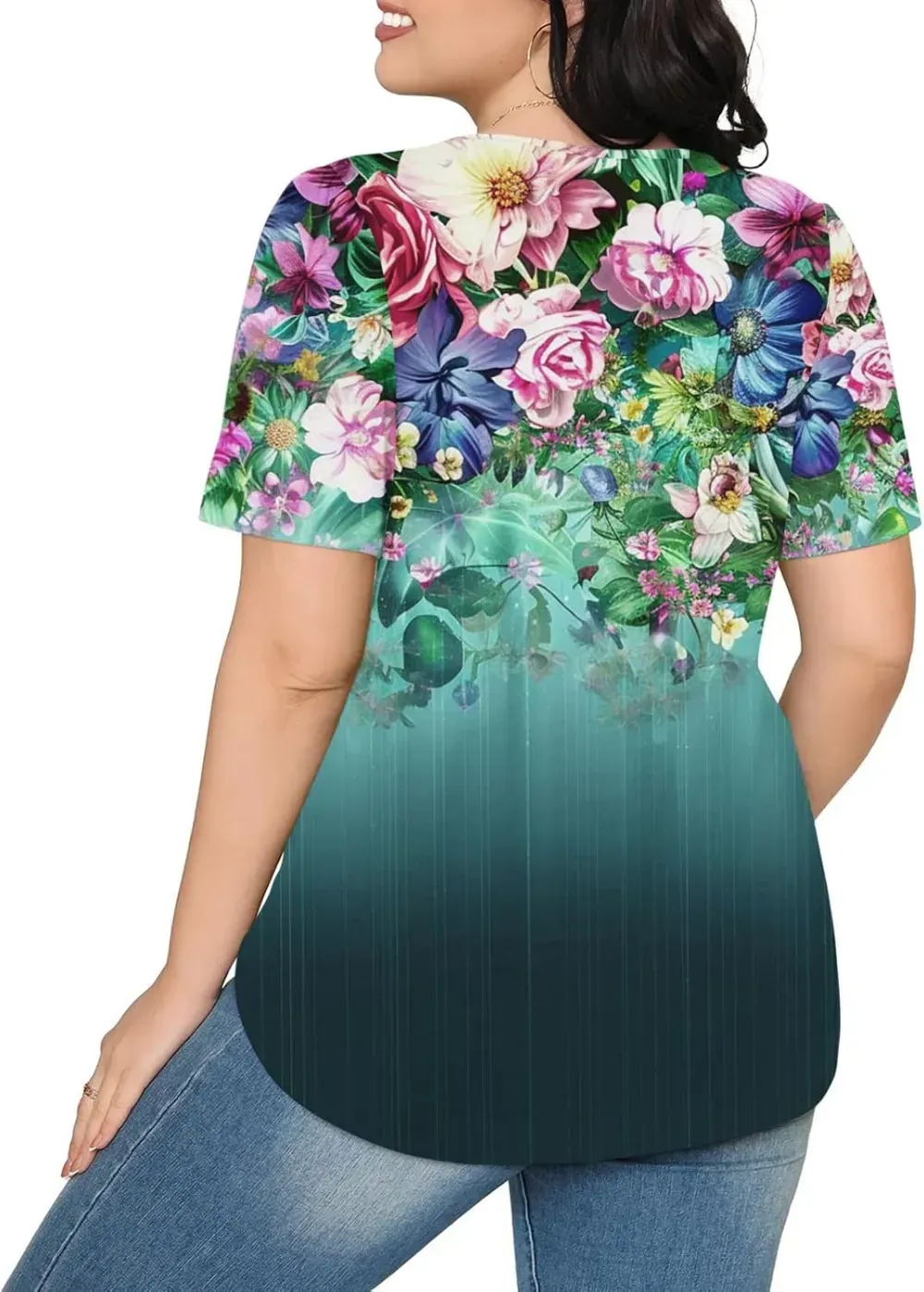 Womens Summer Pleated Front Shirts Tunics Casual Short Sleeved Loose Round Neck Boho Printed Tops Vacation Blouse