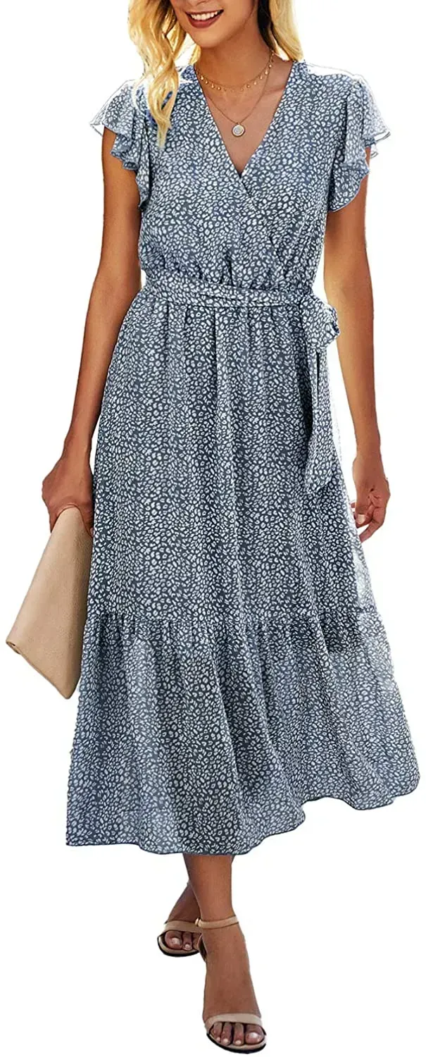 Women Summer Bohemian Floral Casual Wrap V Neck Ruffle Cap Sleeveless Belt A-Line Pleated Hem Swing Midi Sun Dress