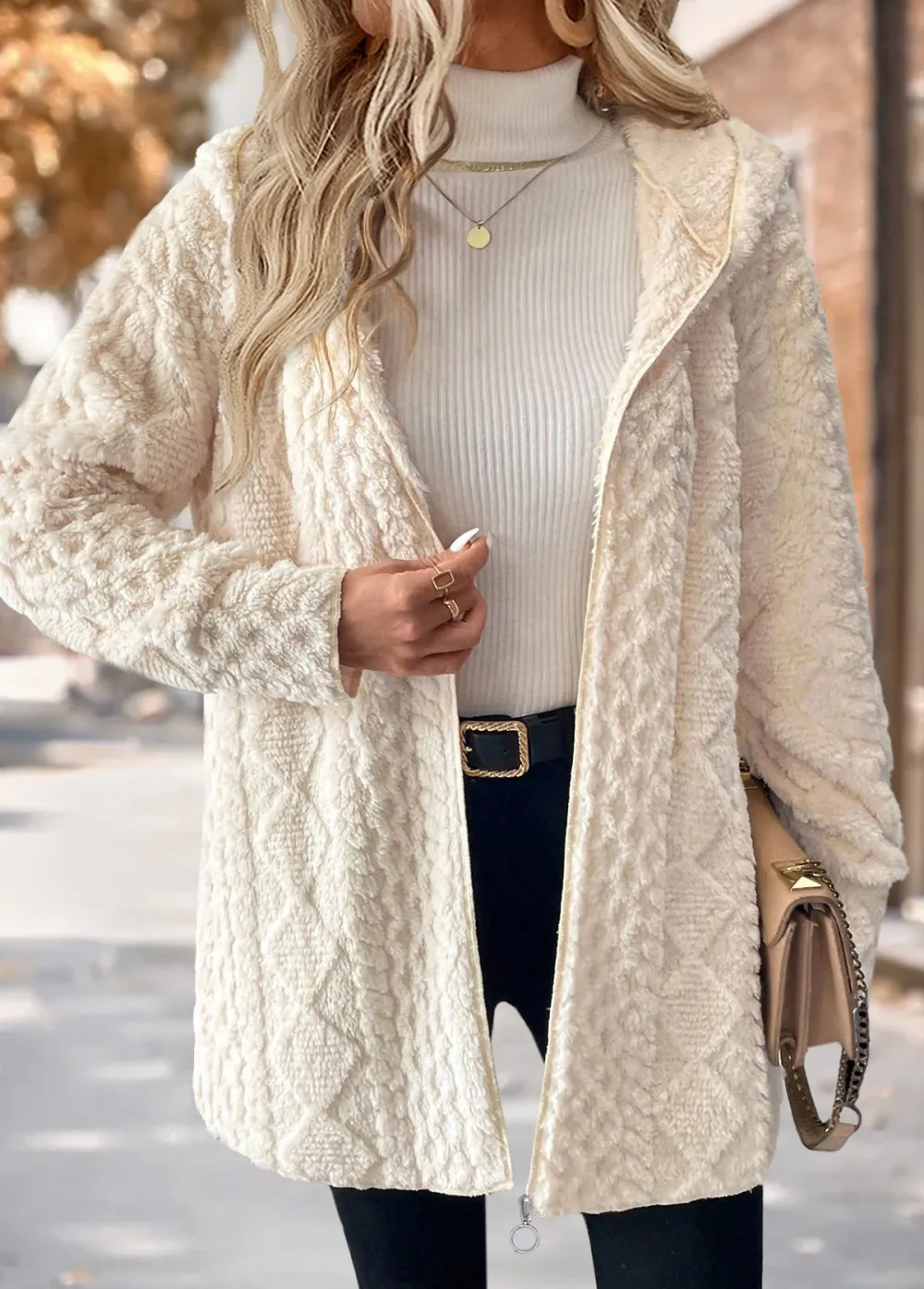 Beige Tummy Coverage Long Sleeve Hooded Coat