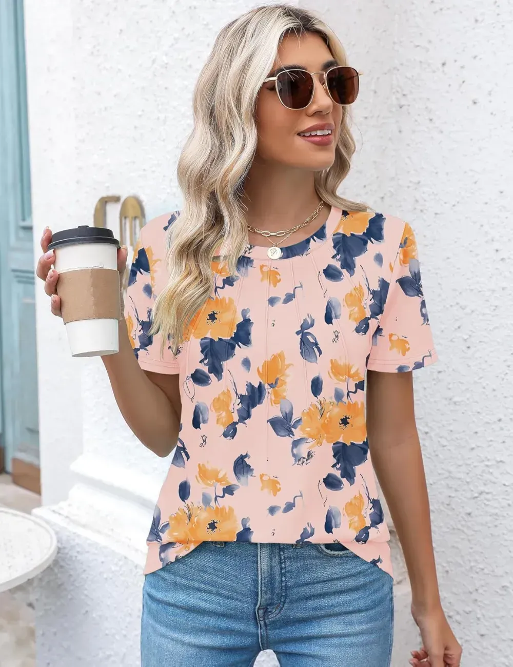 Kistore Womens Casual Crew Neck Short Sleeve Pleated Tops Blouses Fashion Clothes 2024