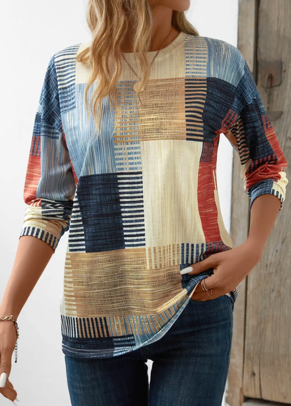 Beige Patchwork Geometric Print Long Sleeve T Shirt