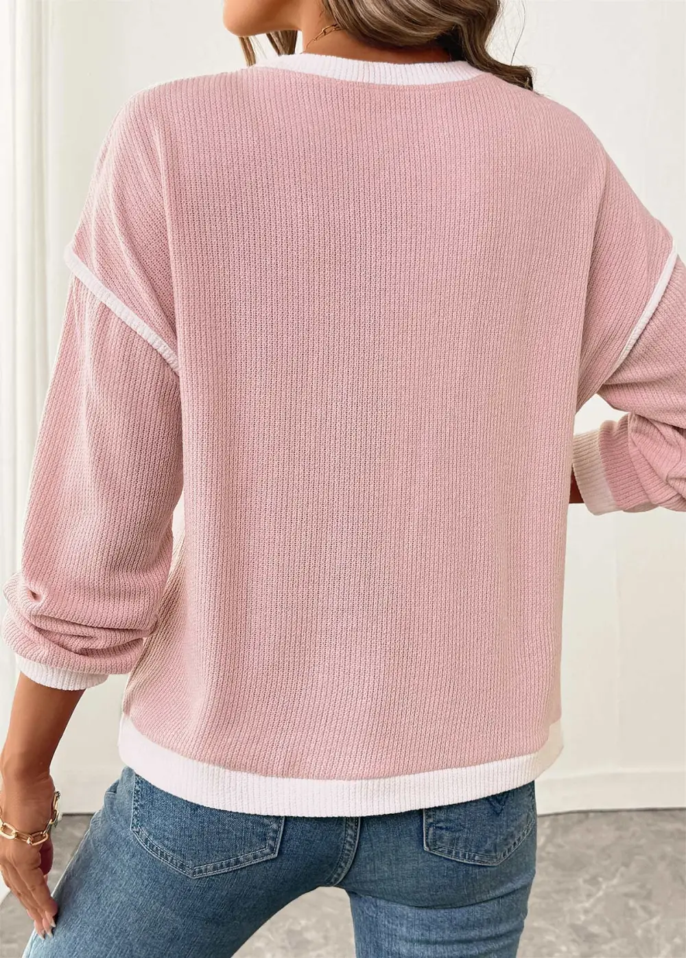 Pink Patchwork Long Sleeve Round Neck Sweatshirt