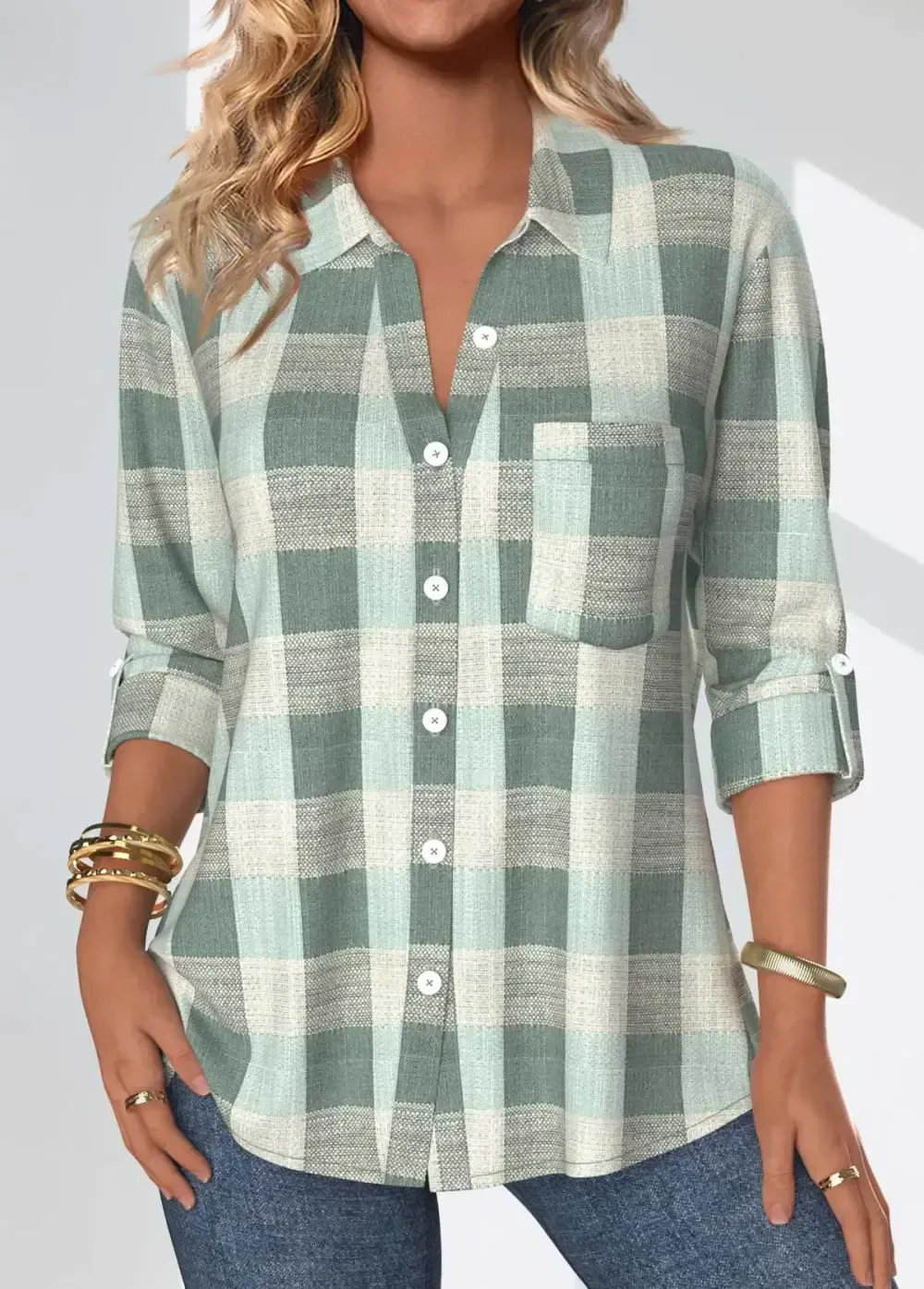 Sage Green Button Plaid Three Quarter Length Sleeve Blouse