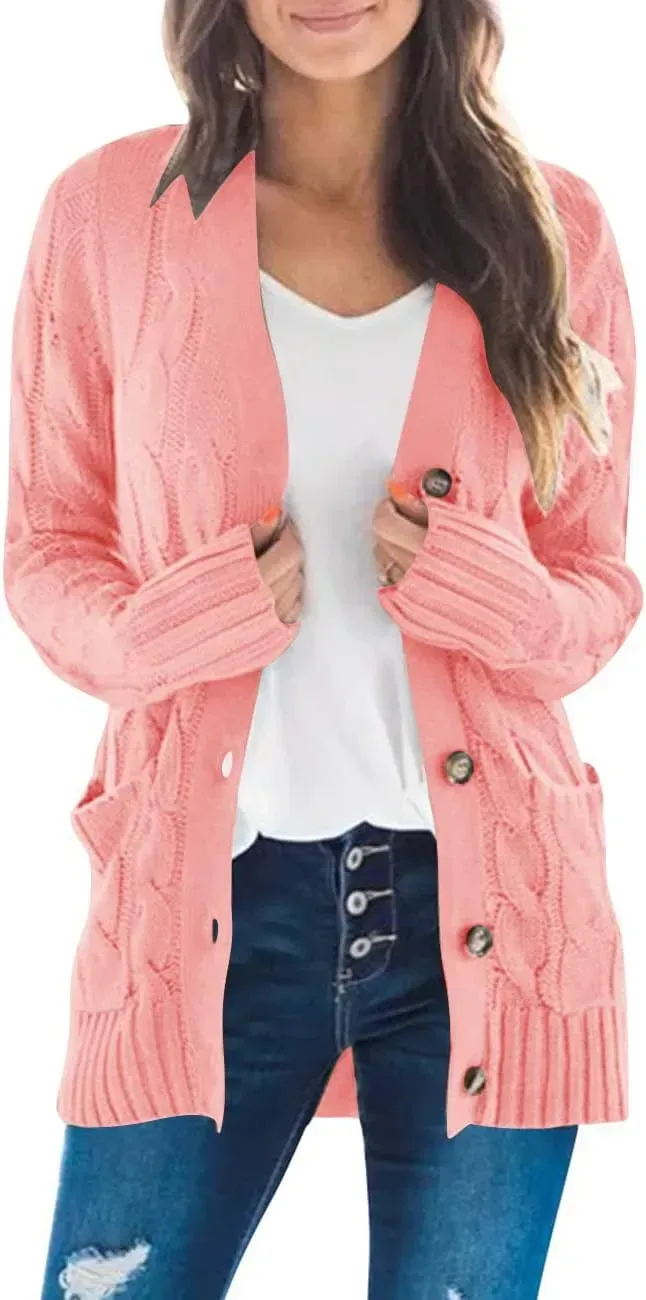 MEROKEETY Women's 2024 Fall Long Sleeve Cable Knit Sweater Open Front Cardigan Button Loose Outerwear