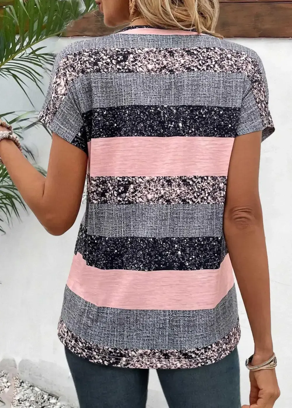 Grey Button Striped Short Sleeve Split Neck Blouse