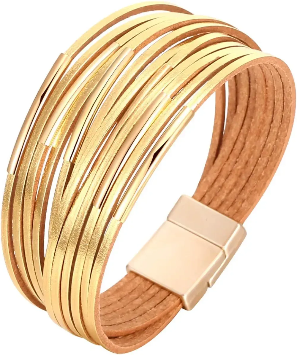 Fesciory Leather Wrap Bracelets for Women, Boho Leopard Multi-Layer Crystal Beads Cuff Bracelet Jewelry