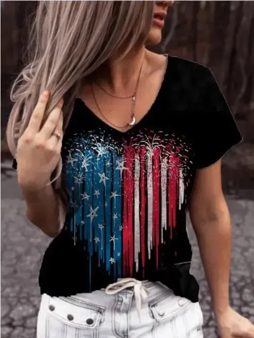 Women Short Sleeve V-Neck Heart Shape Printed Tops
