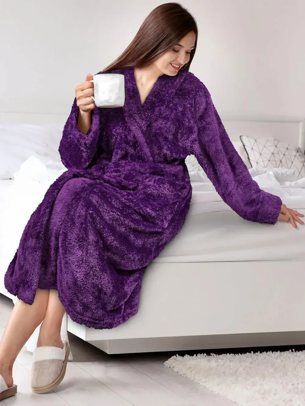 Premium Womens Plush Soft Robe Fluffy, Warm, Fleece Sherpa Shaggy Bathrobe