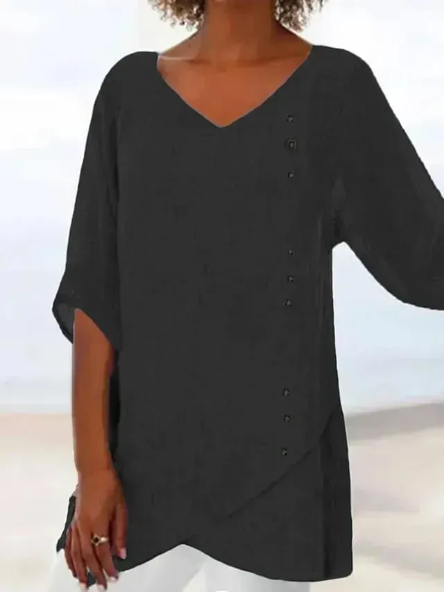 Women's Shirt Blouse Black Pink Blue Plain Asymmetric Half Sleeve