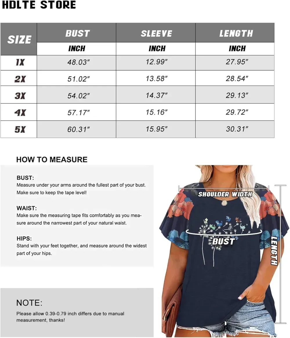 HDLTE Womens Plus Size Tops Floral Bell Sleeves Blouses Summer Crewneck Tunic Loose Casual T Shirts