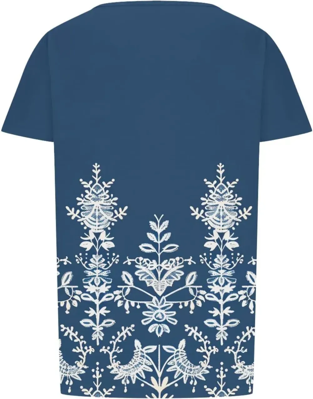 Womens Summer Pleated Front Shirts Tunics Casual Short Sleeved Loose Round Neck Boho Printed Tops Vacation Blouse