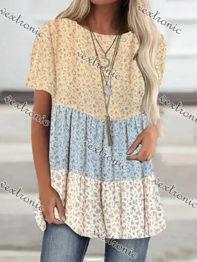 Women Short Sleeve Scoop Neck Floral Printed Stitching Top