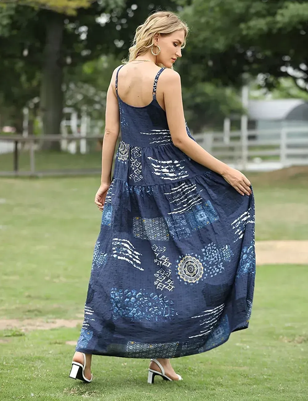 Summer Dresses for Women Casual Loose Bohemian Floral Dress with Pockets Spaghetti Strap Maxi Dress E75