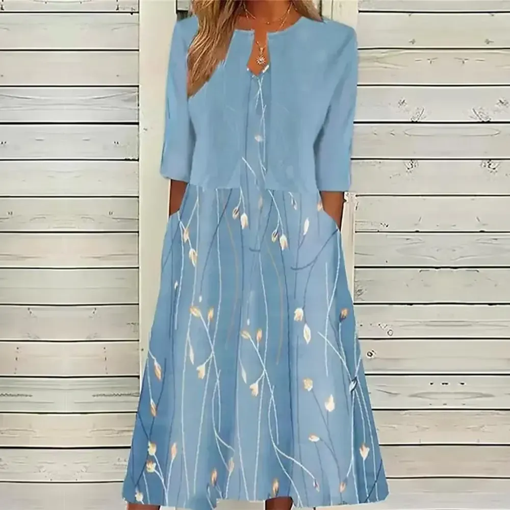 Blue Print Half Sleeve Midi Dress
