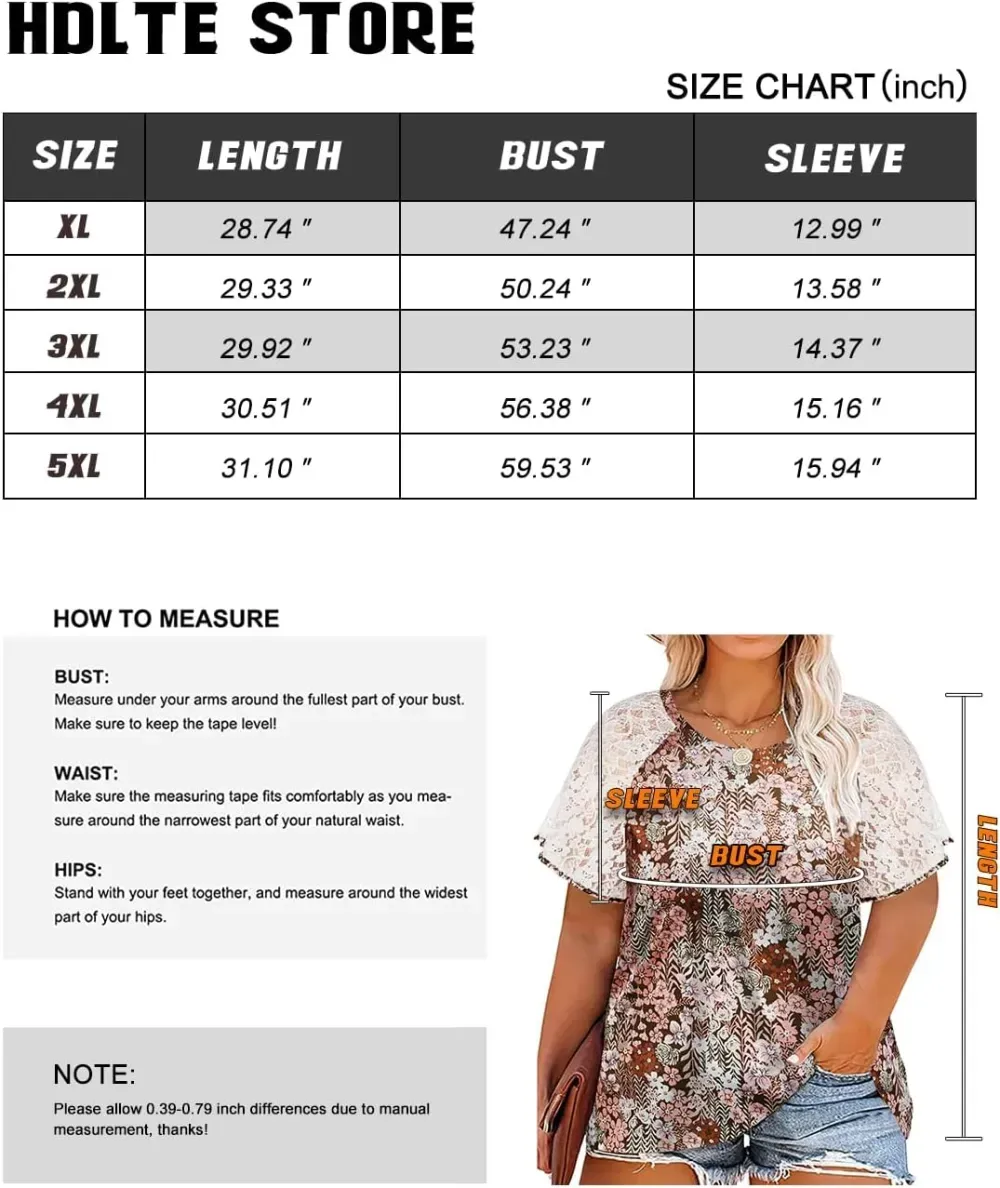 HDLTE Womens Plus Size Tops Floral Bell Sleeves Blouses Summer Crewneck Tunic Loose Casual T Shirts