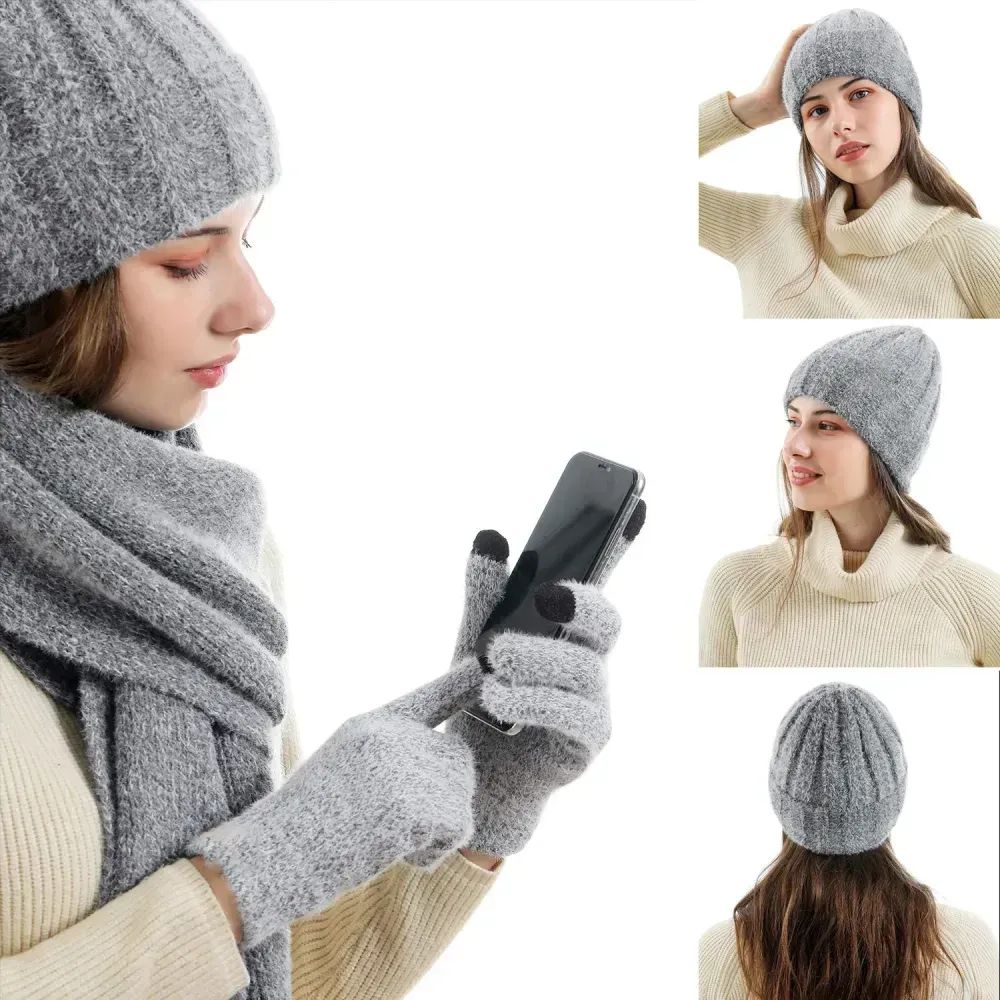 Womens Winter Warm Knit Beanie Hat Touchscreen Gloves Long Scarf Set with Fleece Lined Skull Caps Neck Scarves for Women Men