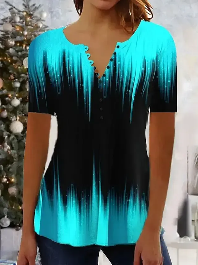 Women's Shirt Blouse White Blue Fuchsia Color Gradient Button Print Short Sleeve Casual Basic Round Neck Regular S