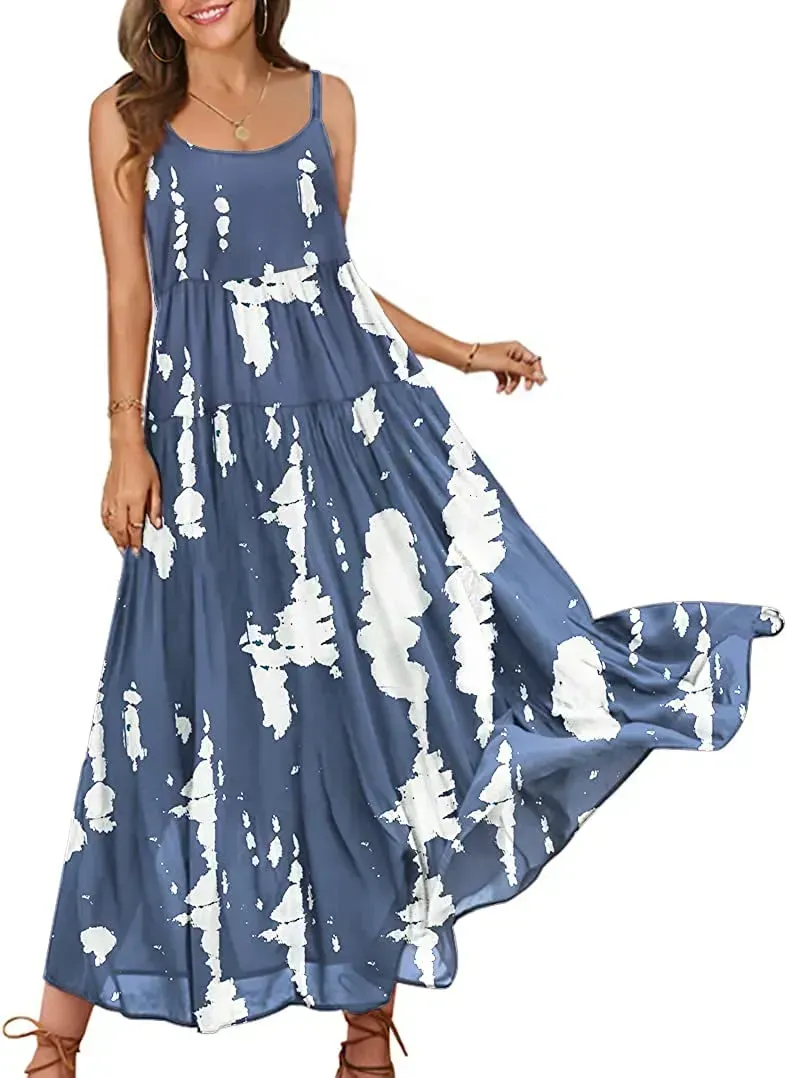 Summer Dresses for Women Casual Loose Bohemian Floral Dress with Pockets Spaghetti Strap Maxi Dress E75