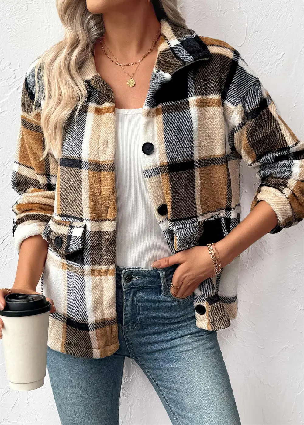 Light Camel Tummy Coverage Plaid Long Sleeve Coat