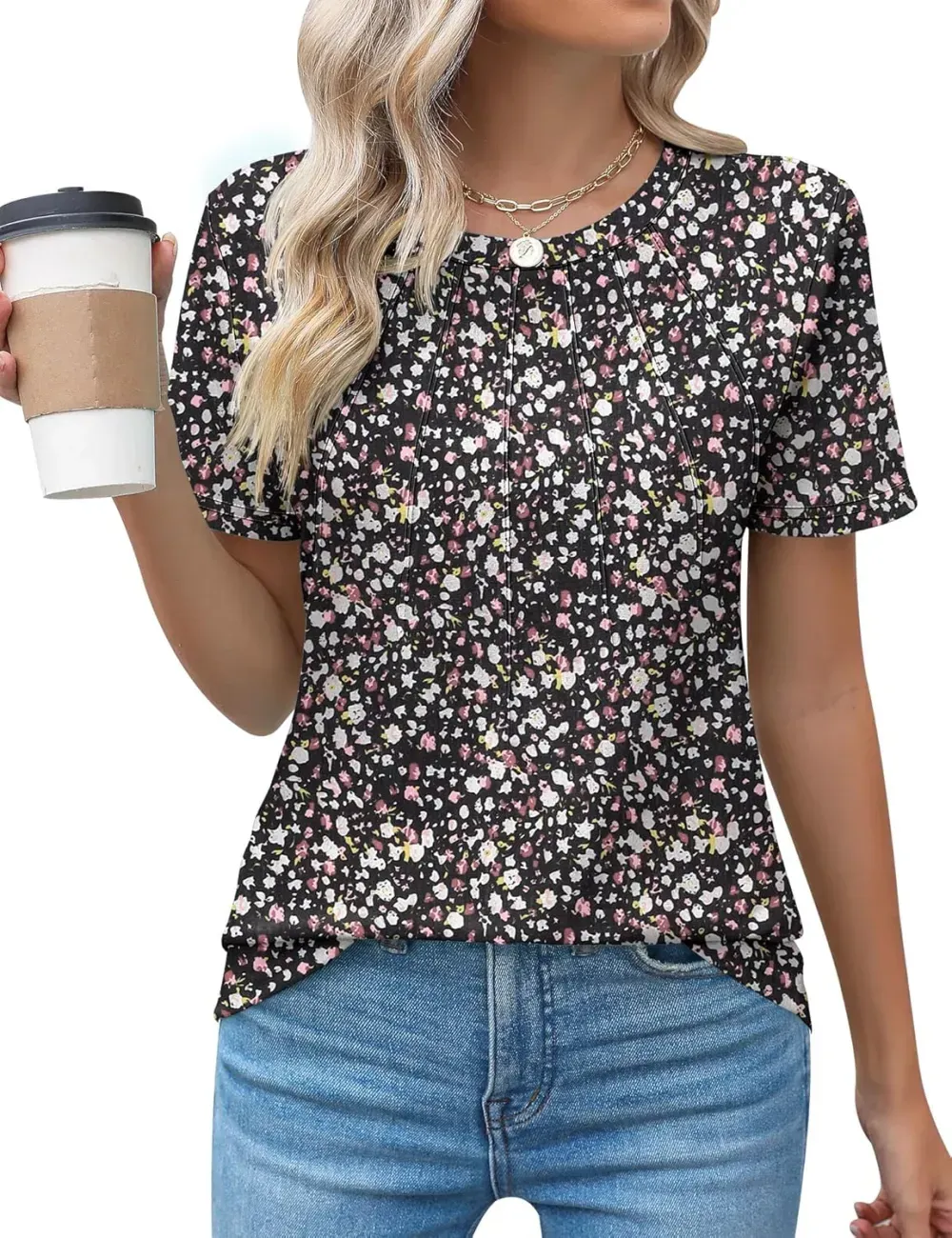 Kistore Womens Casual Crew Neck Short Sleeve Pleated Tops Blouses Fashion Clothes 2024