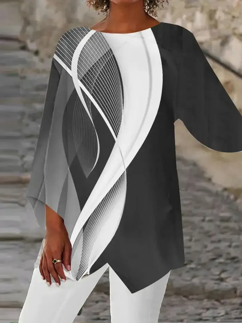 Women Asymmetrical 3/4 Sleeve Scoop Neck Striped Stitching Tops