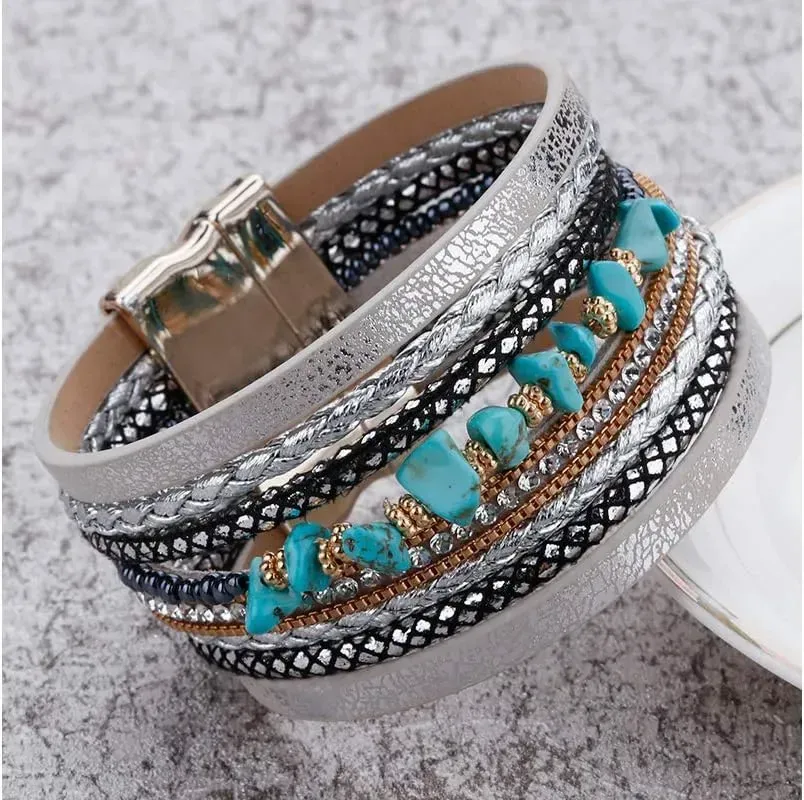 Fesciory Leather Wrap Bracelets for Women, Boho Leopard Multi-Layer Crystal Beads Cuff Bracelet Jewelry