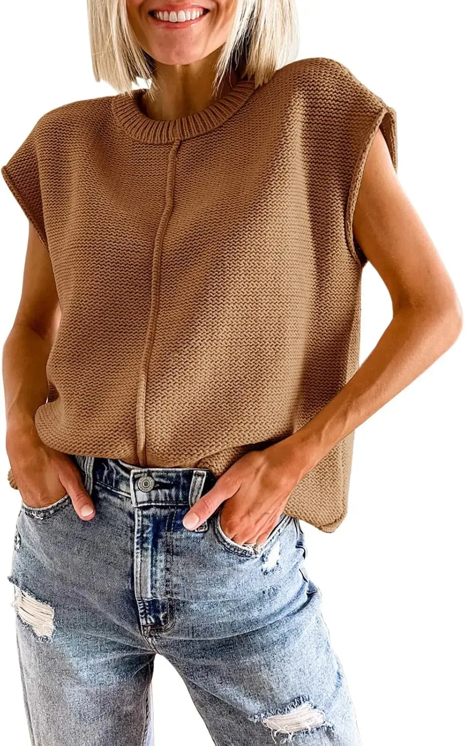 Saodimallsu Womens Summer Cap Sleeve Tops Casual Crew Neck Loose Fit Knit Lightweight Sweater Pullover Top