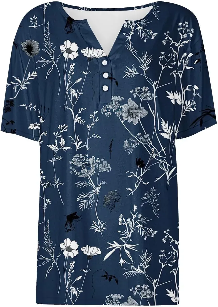 Shirts for Women Casual Printed Summer Tops Short-Sleeved Button V-Neck Tops Blouse Fashion Boho T-Shirts