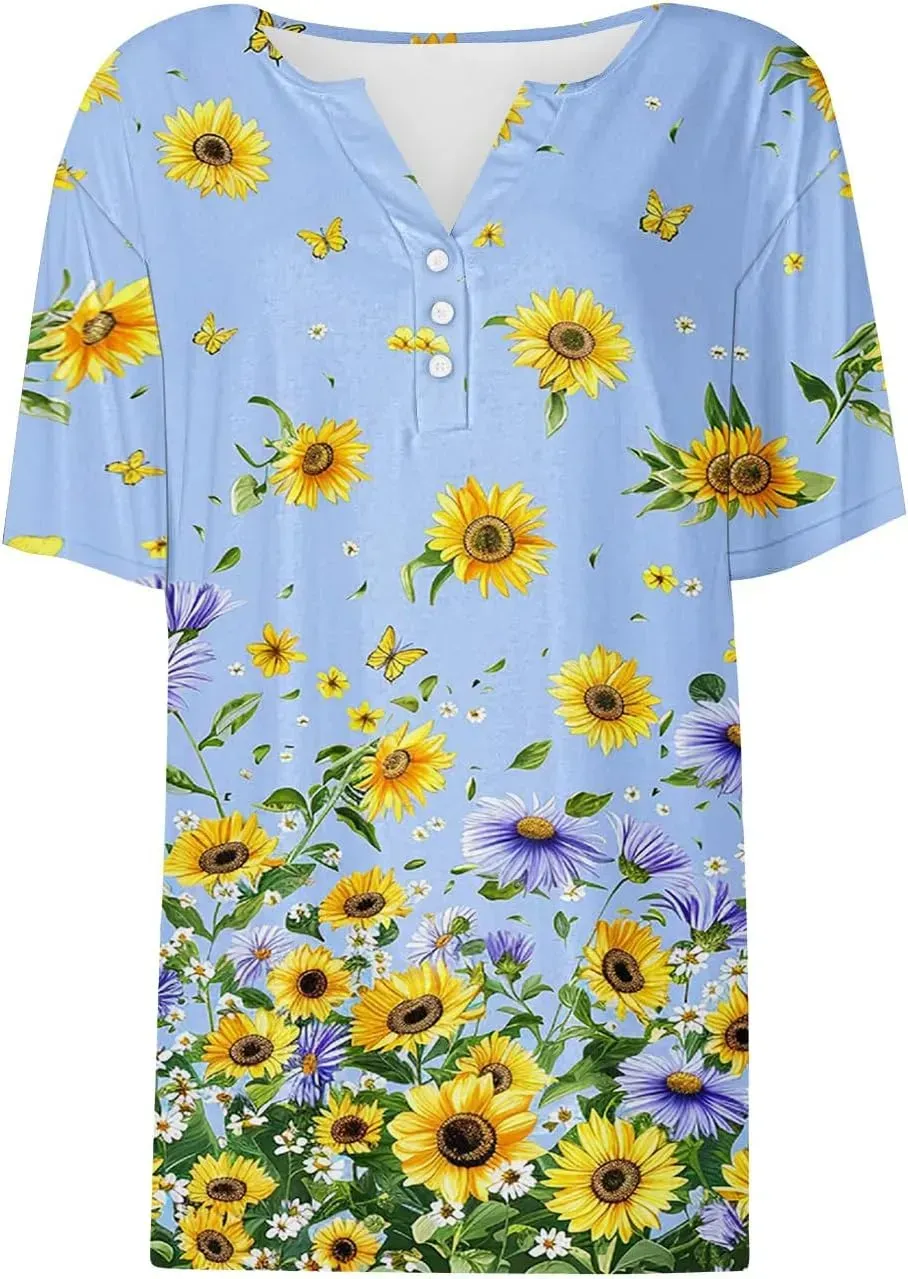 Shirts for Women Casual Printed Summer Tops Short-Sleeved Button V-Neck Tops Blouse Fashion Boho T-Shirts