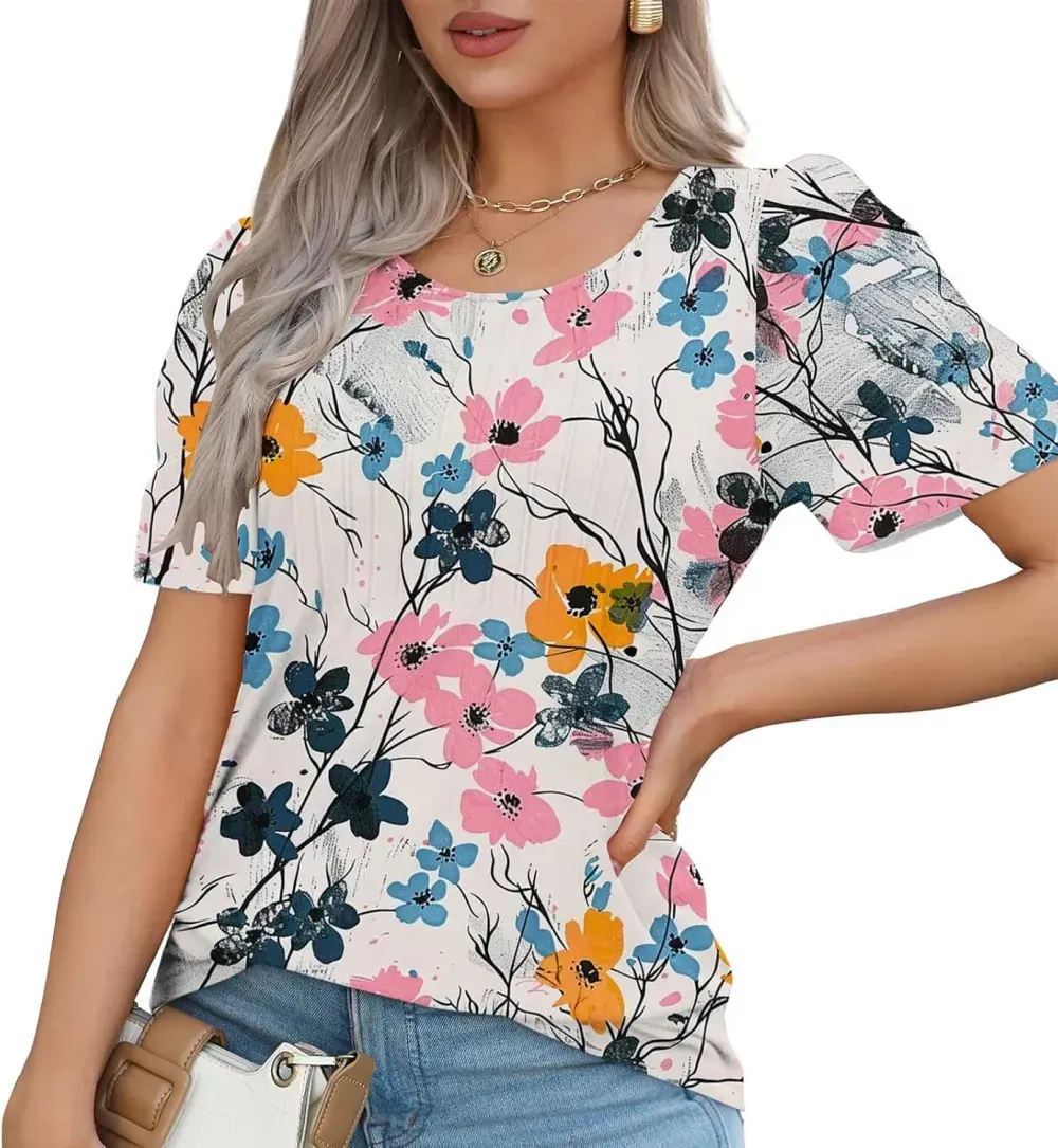 Womens Summer Pleated Front Shirts Tunics Casual Short Sleeved Loose Round Neck Boho Printed Tops Vacation Blouse