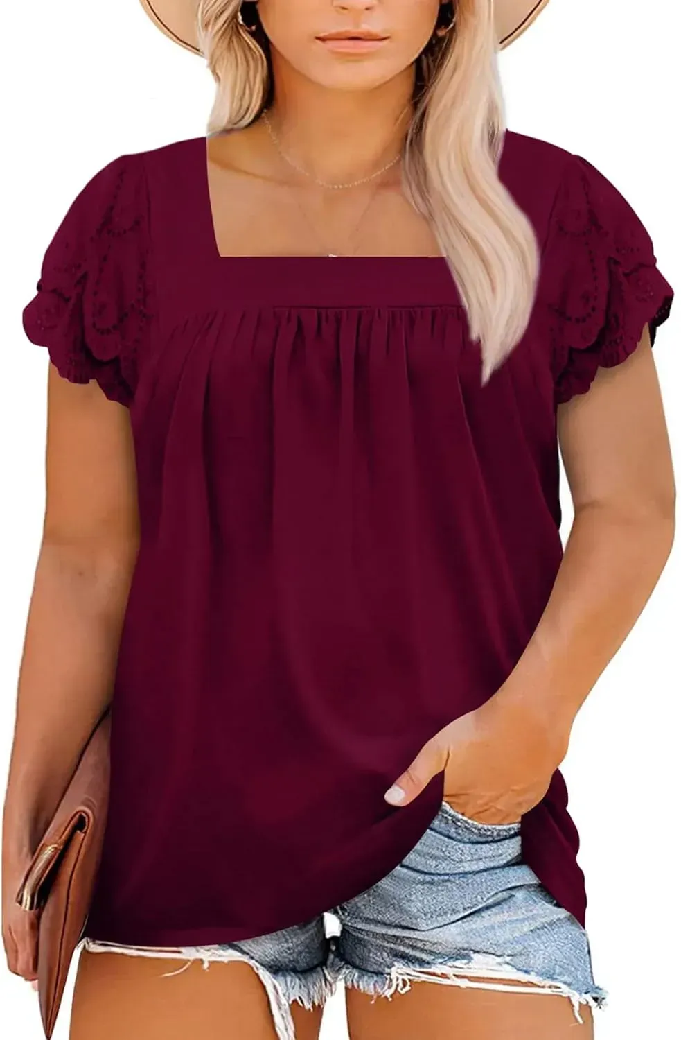 Eytino Womens Plus Size Tops Ruffle Short Sleeve Square Neck Summer Loose Casual Tee Shirts(1X-5X)