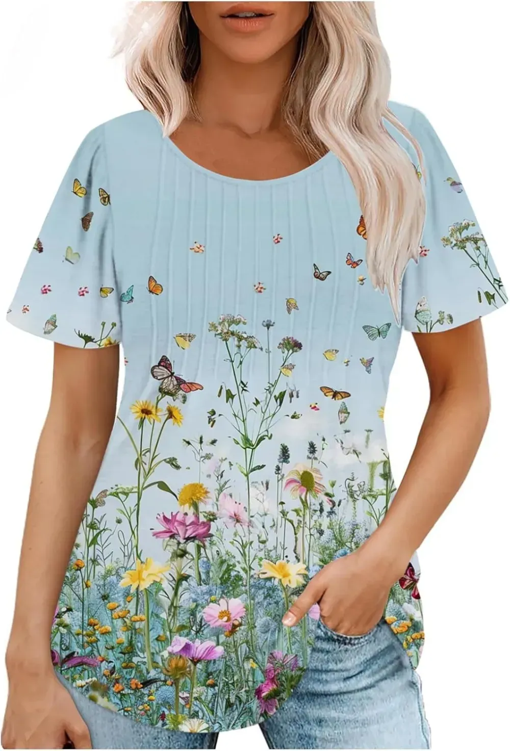 Womens Summer Pleated Front Shirts Tunics Casual Short Sleeved Loose Round Neck Boho Printed Tops Vacation Blouse