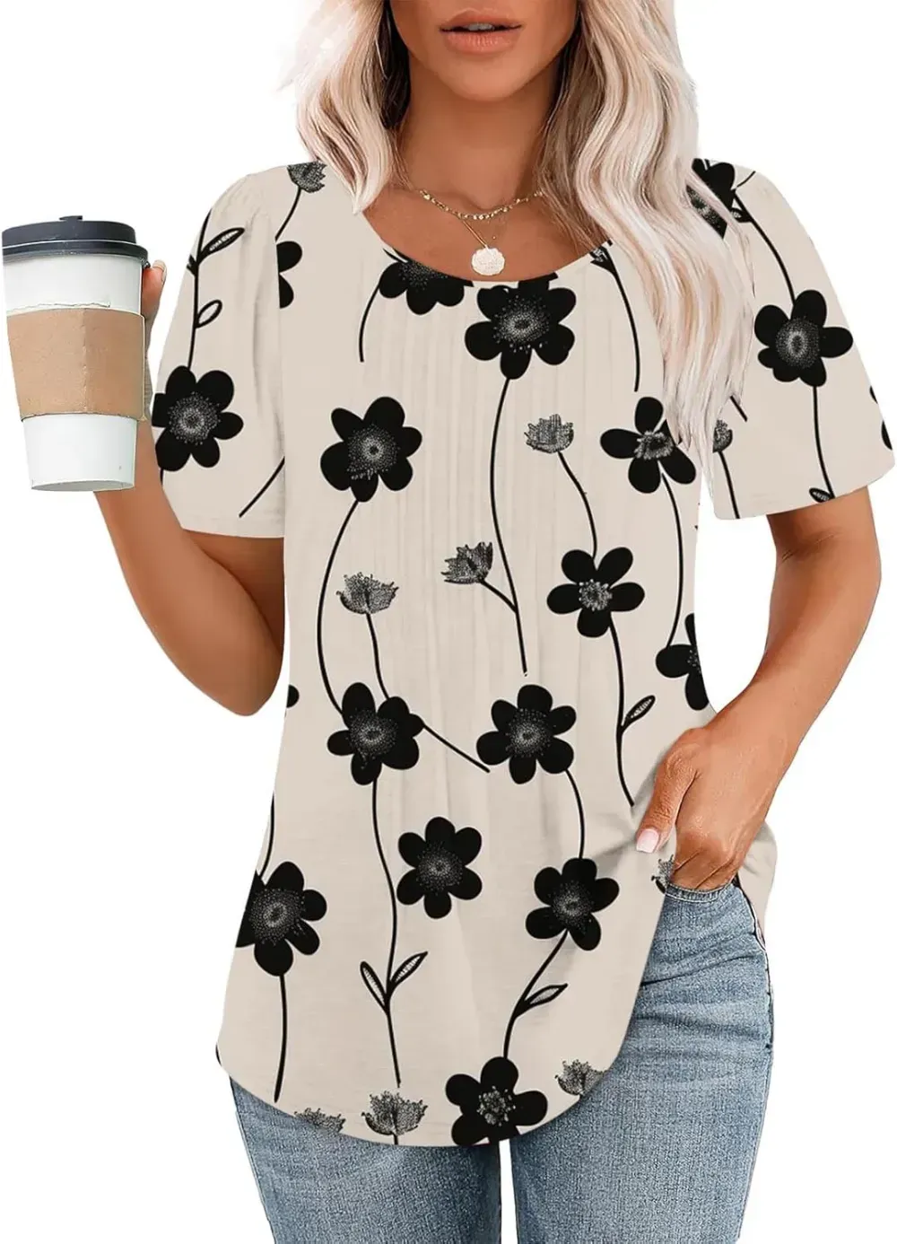 Womens Summer Pleated Front Shirts Tunics Casual Short Sleeved Loose Round Neck Boho Printed Tops Vacation Blouse