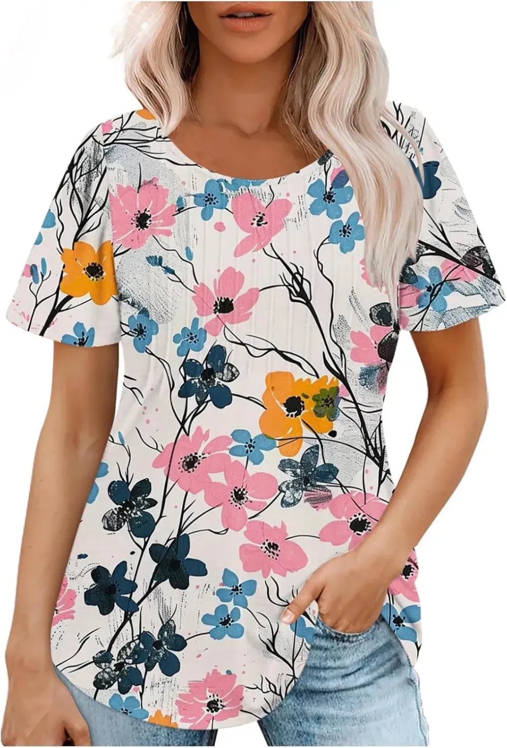 Womens Summer Pleated Front Shirts Tunics Casual Short Sleeved Loose Round Neck Boho Printed Tops Vacation Blouse