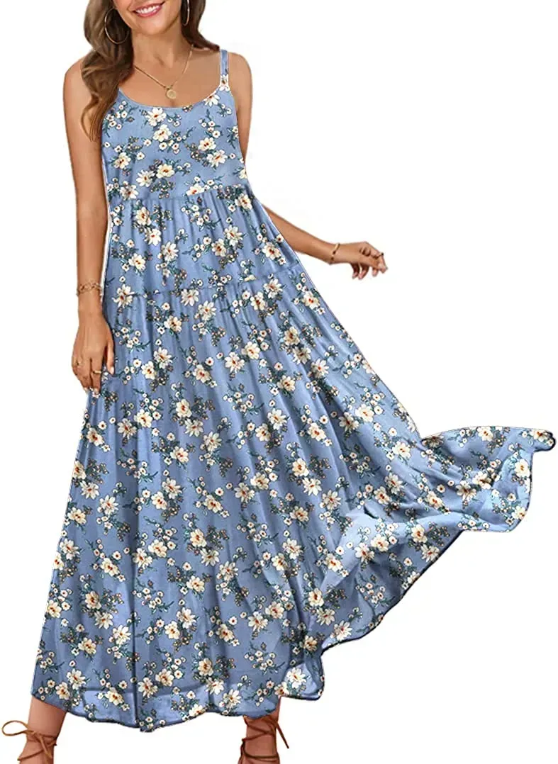 Summer Dresses for Women Casual Loose Bohemian Floral Dress with Pockets Spaghetti Strap Maxi Dress E75