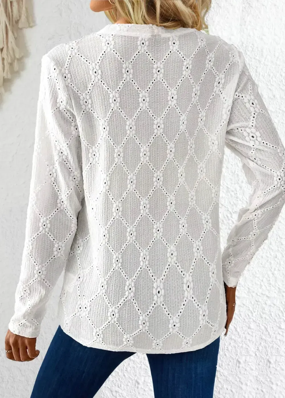 White Button Long Sleeve Round Neck T Shirt