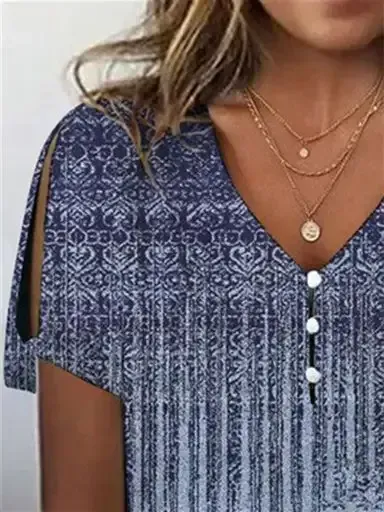 Women's Graphic Printed Hollow Short Sleeve V-neck Top