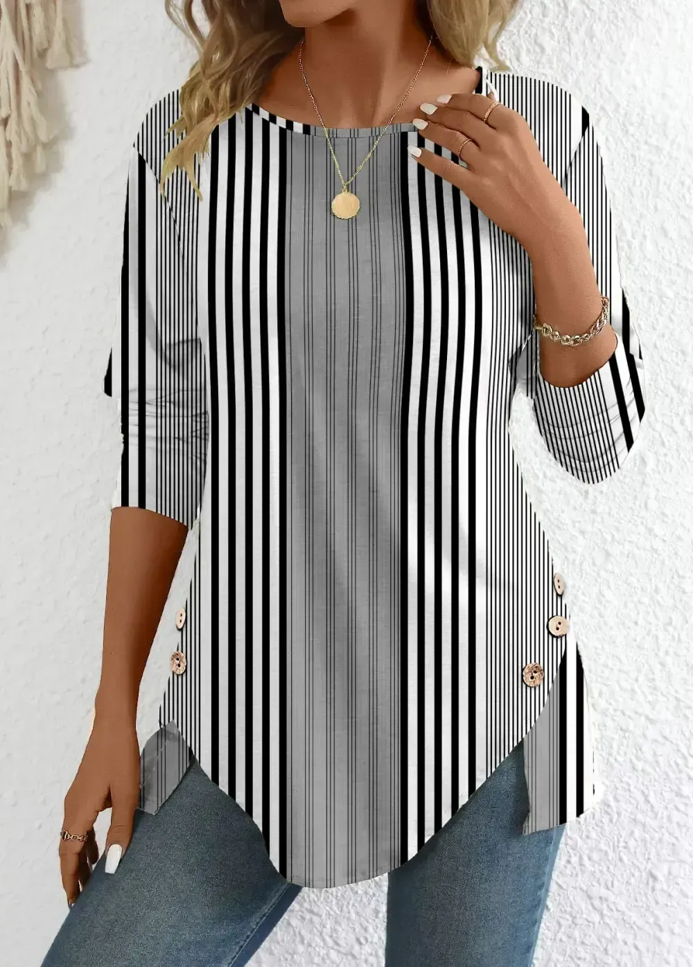 Black Patchwork Striped Long Sleeve Round Neck T Shirt