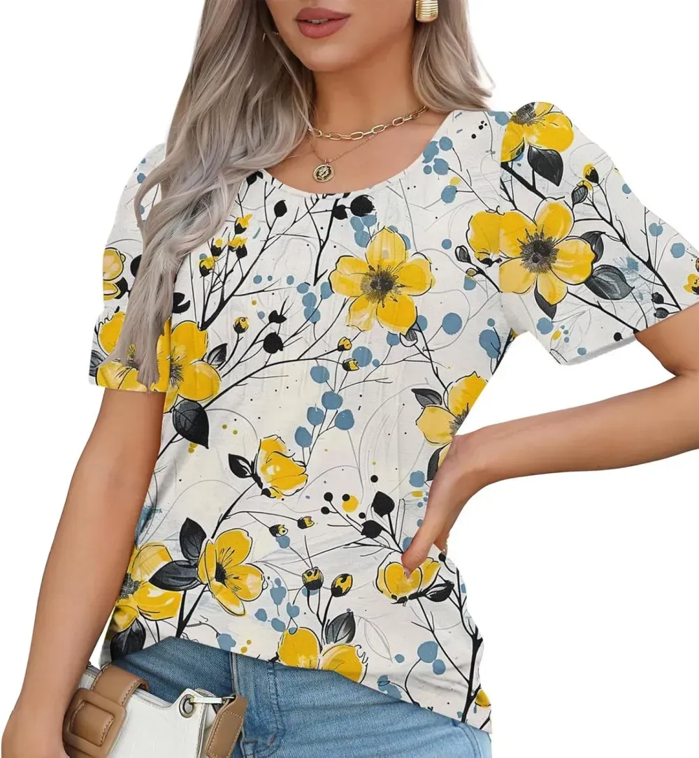 Womens Summer Pleated Front Shirts Tunics Casual Short Sleeved Loose Round Neck Boho Printed Tops Vacation Blouse