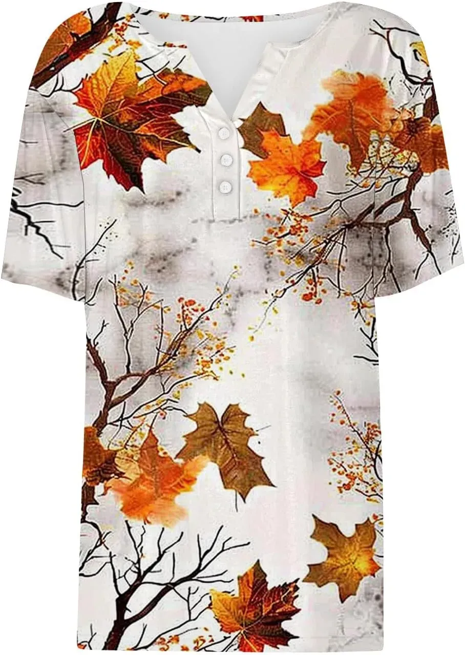 Shirts for Women Casual Printed Summer Tops Short-Sleeved Button V-Neck Tops Blouse Fashion Boho T-Shirts