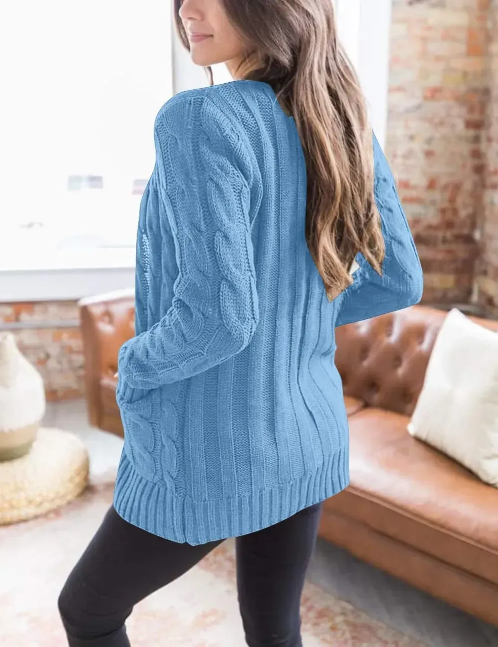 MEROKEETY Women's 2024 Fall Long Sleeve Cable Knit Sweater Open Front Cardigan Button Loose Outerwear