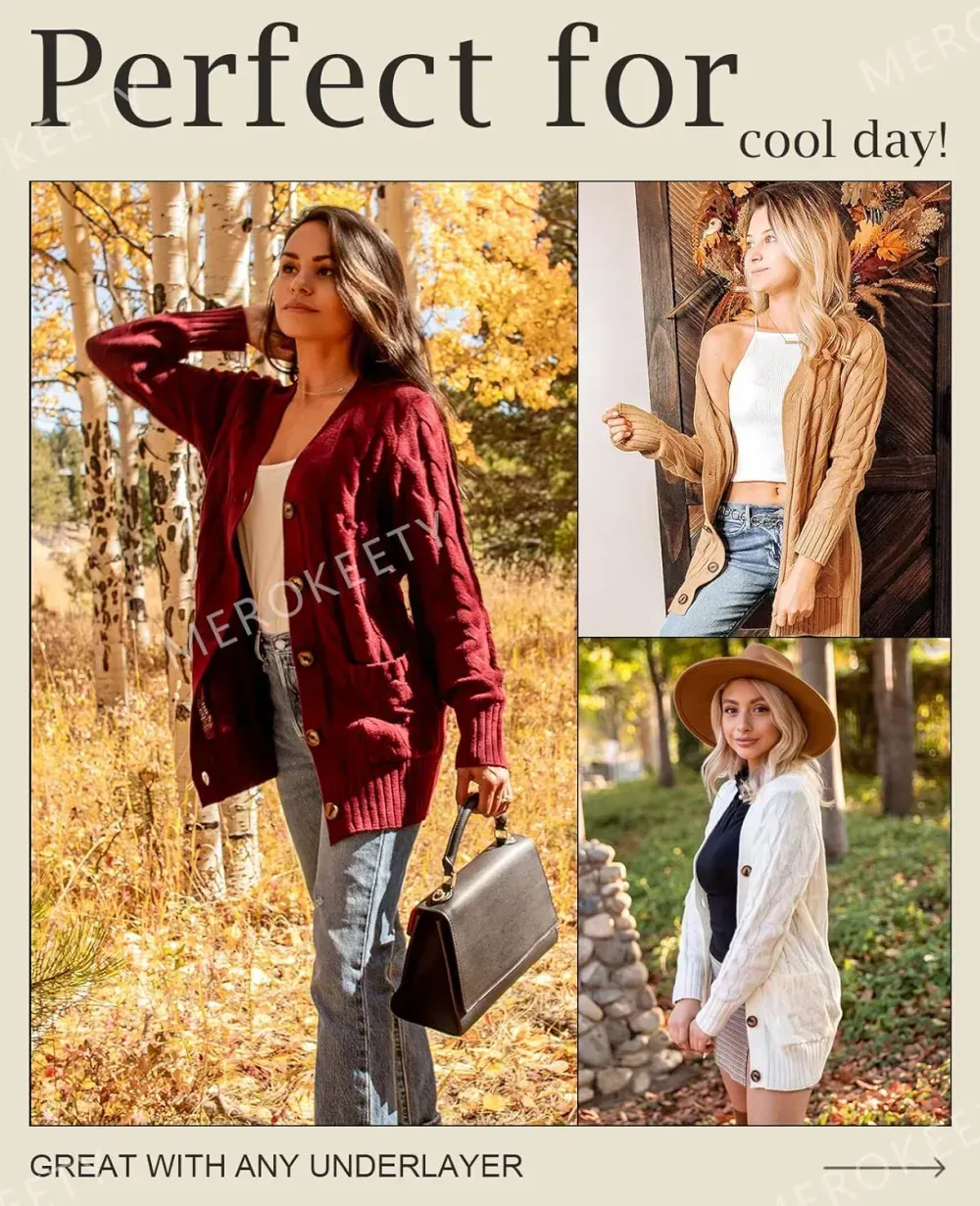 MEROKEETY Women's 2024 Fall Long Sleeve Cable Knit Sweater Open Front Cardigan Button Loose Outerwear
