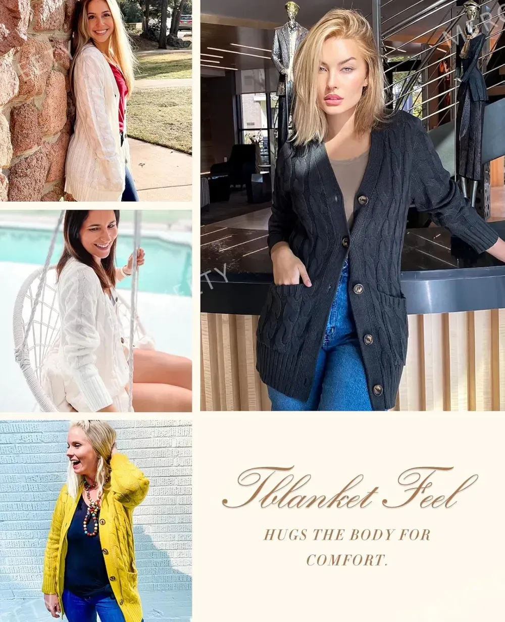 MEROKEETY Women's 2024 Fall Long Sleeve Cable Knit Sweater Open Front Cardigan Button Loose Outerwear