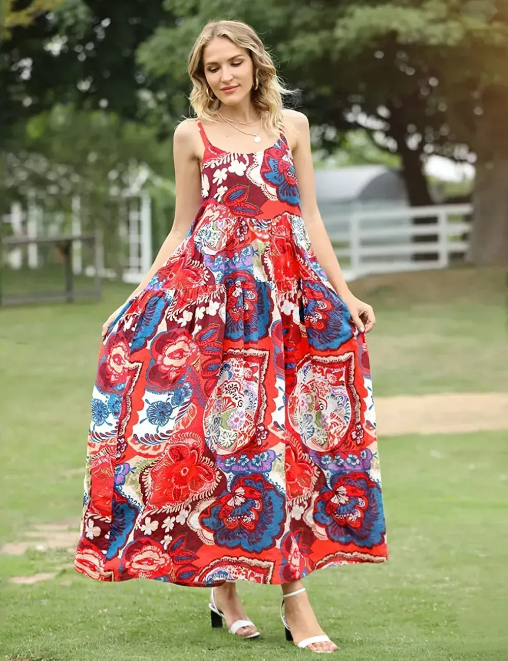 Summer Dresses for Women Casual Loose Bohemian Floral Dress with Pockets Spaghetti Strap Maxi Dress E75