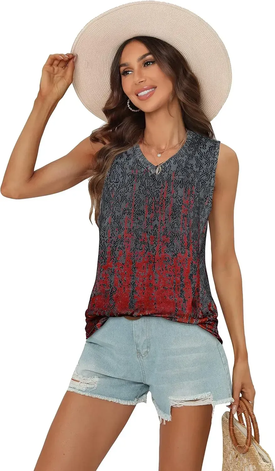 Summer Tops for Women Sleeveless V Neck Tshirt Loose Fit Casual Tank Tunic Blouse